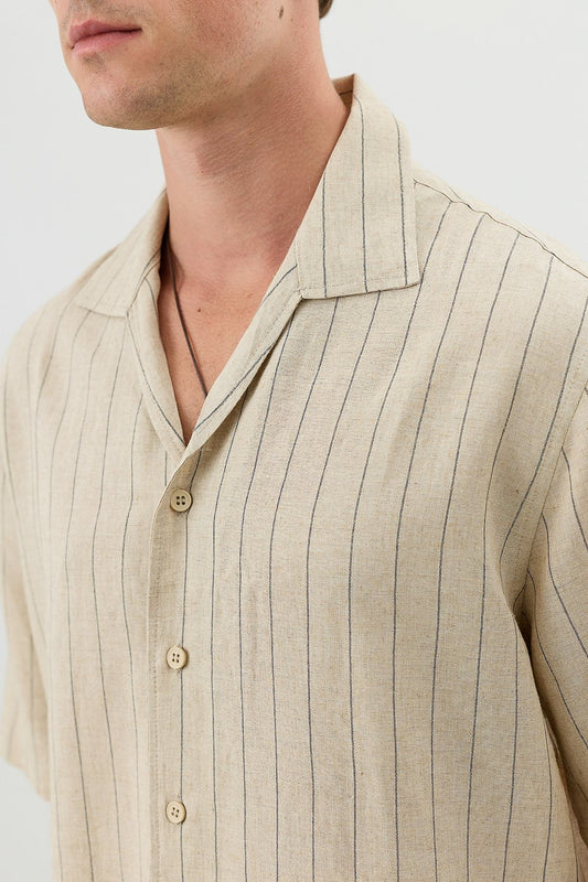 Men's Short-Sleeve Striped Relaxed-Fit Shirt with Linen Blend