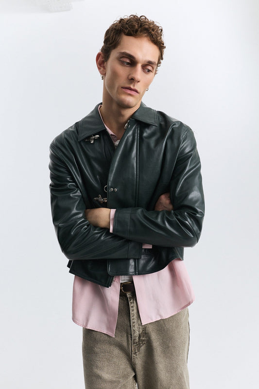 Faux Leather Jacket with Metal-Embellished Buttons