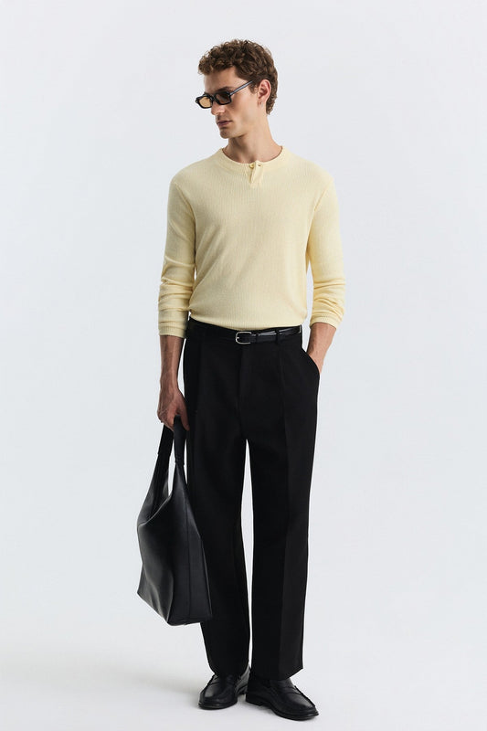 Single-Button, Ribbed, Long-Sleeved T-Shirt