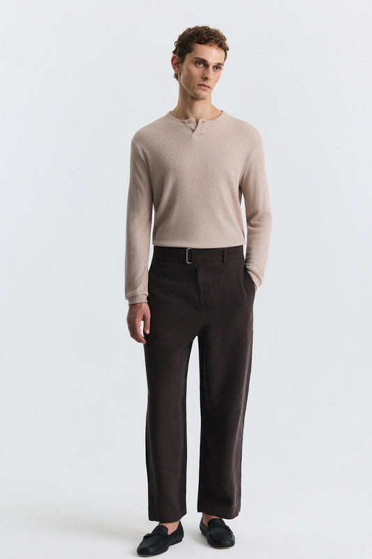 Single-Button, Ribbed, Long-Sleeved T-Shirt