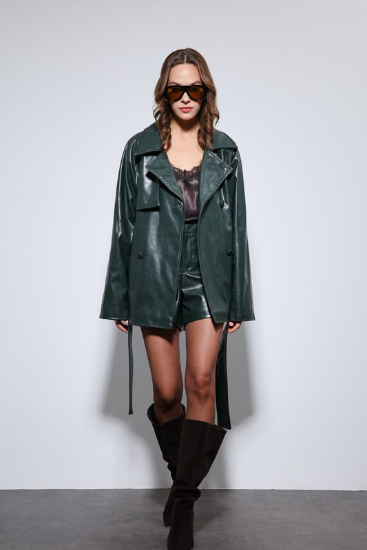 Antioch Faux Leather Belted Trench Coat