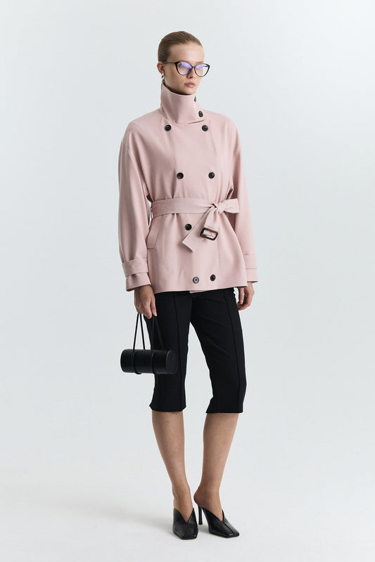 Stand-Up Collar Double-Breasted Belted Trench Coat