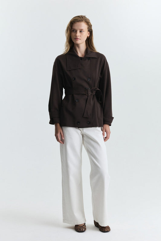 Stand-Up Collar Double-Breasted Belted Trench Coat