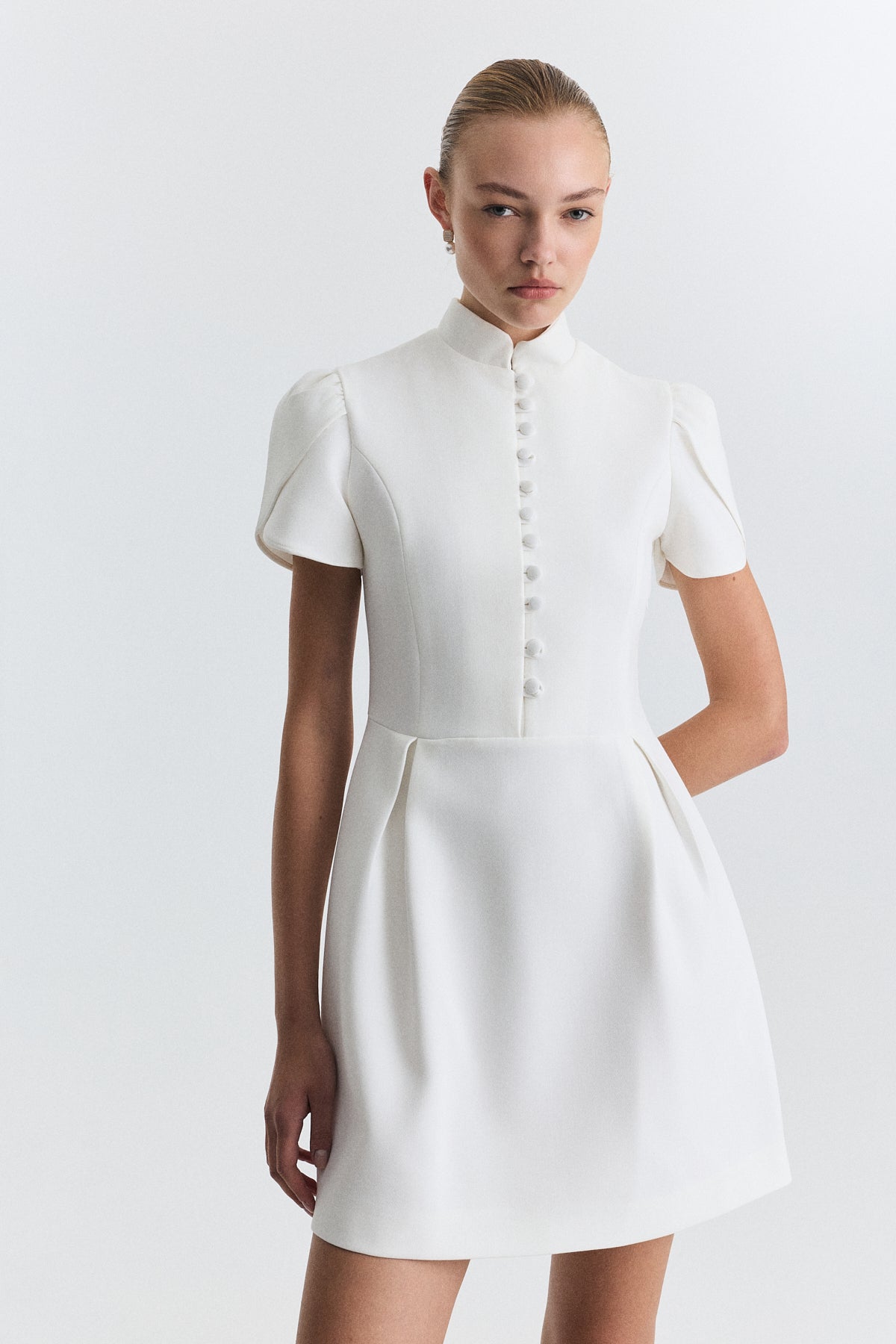 Pleated-Sleeve Mini Dress