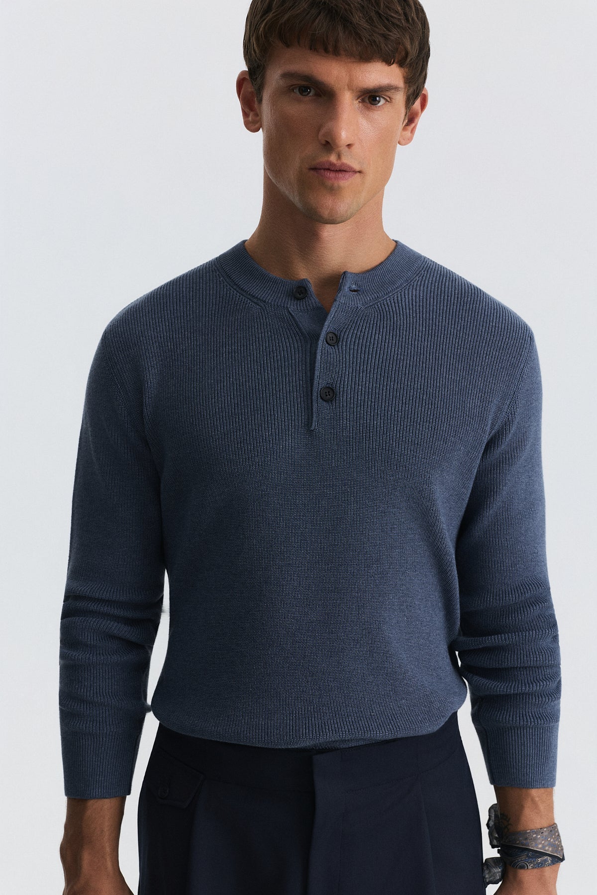 Button-Neck Textured Sweater