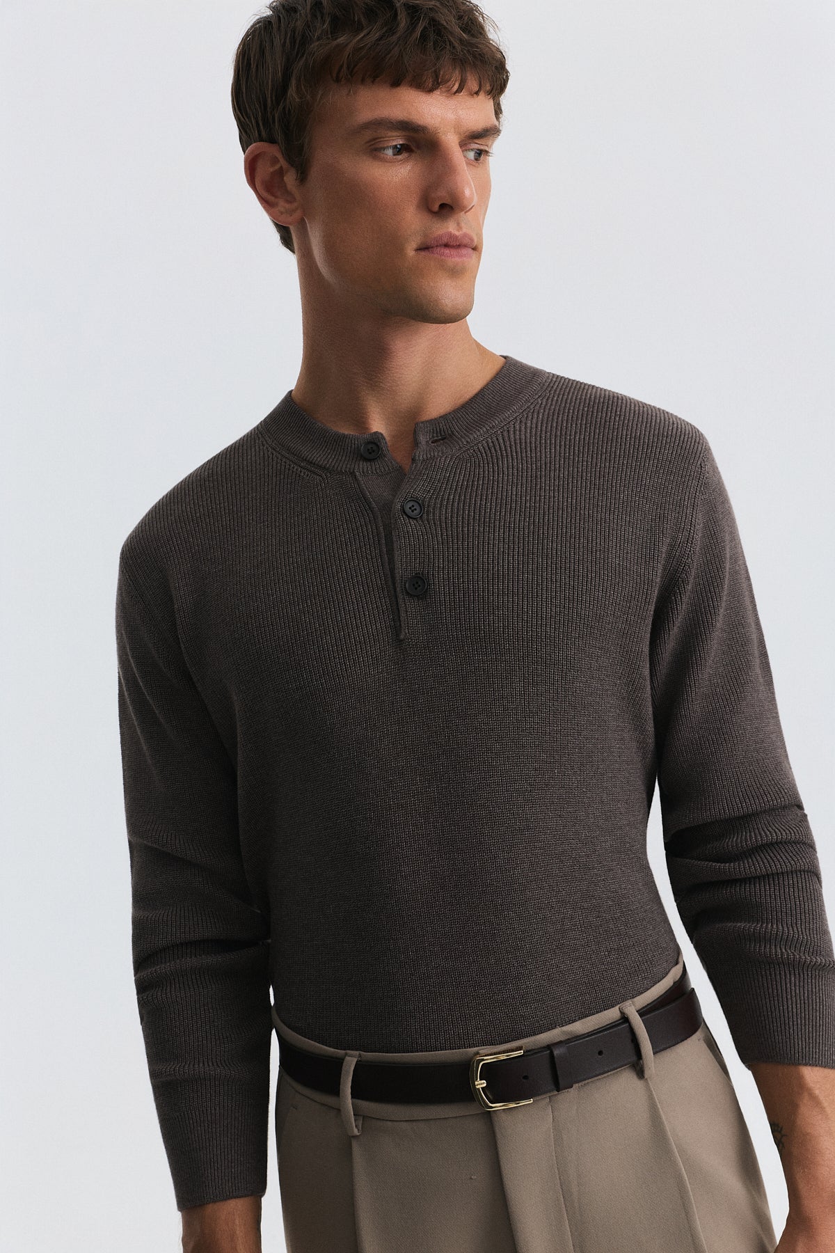 Button-Neck Textured Sweater