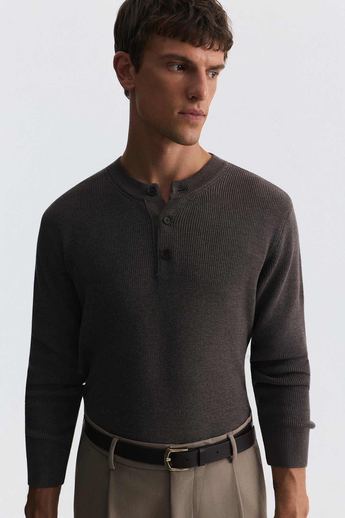 Button-Neck Textured Sweater