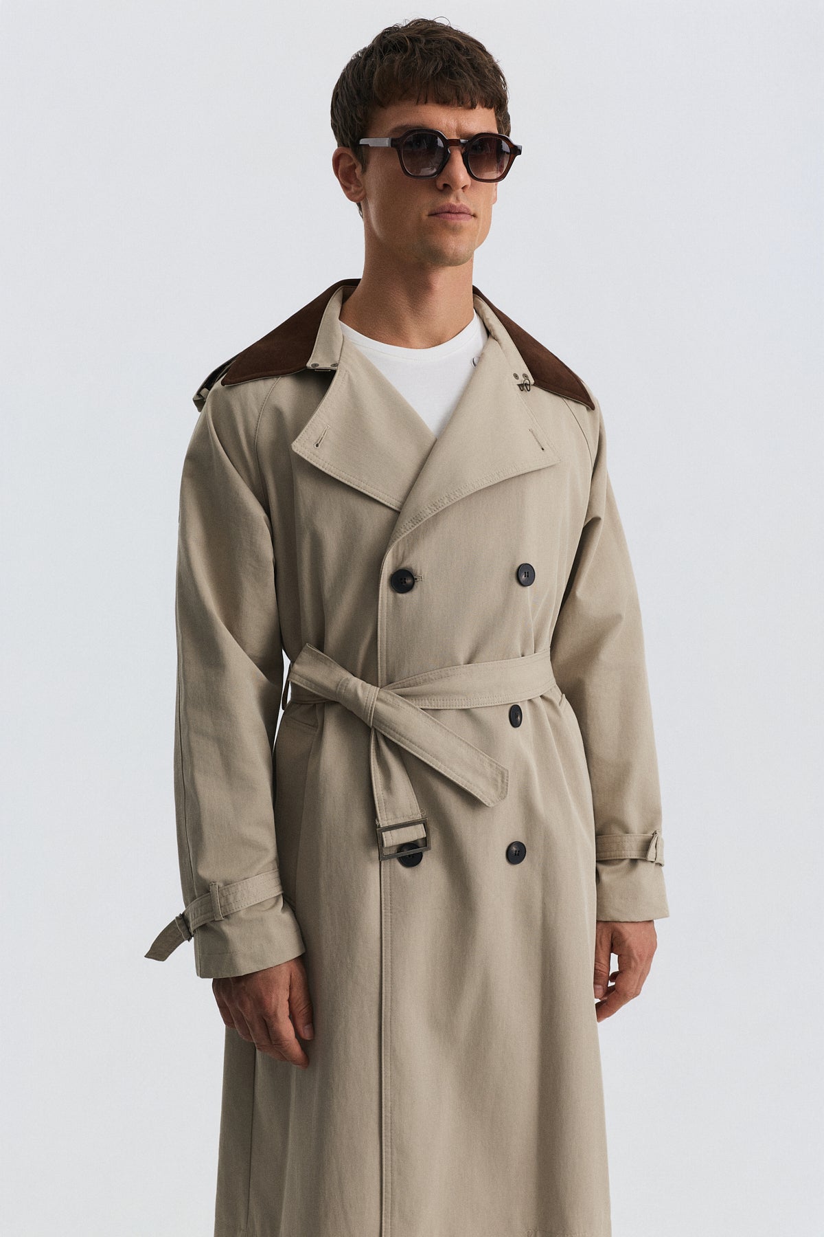 Contrast-Collar Double-Breasted Trench Coat