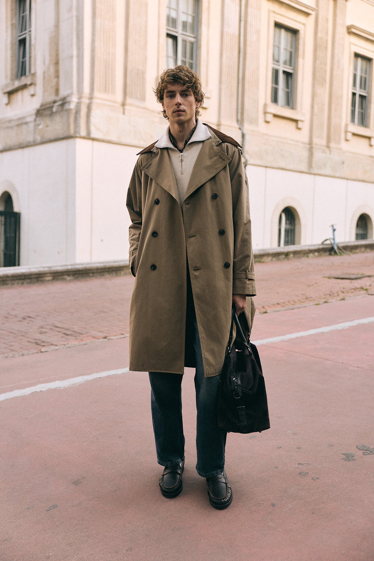 Contrast-Collar Double-Breasted Trench Coat
