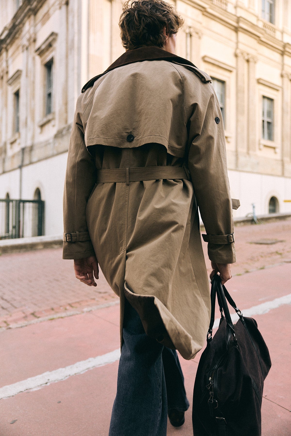Contrast-Collar Double-Breasted Trench Coat