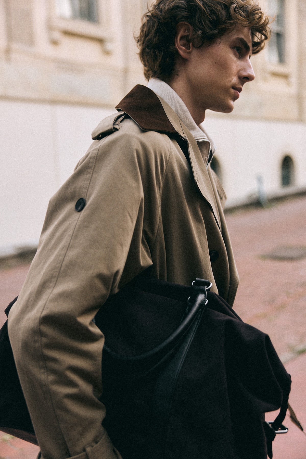 Contrast-Collar Double-Breasted Trench Coat