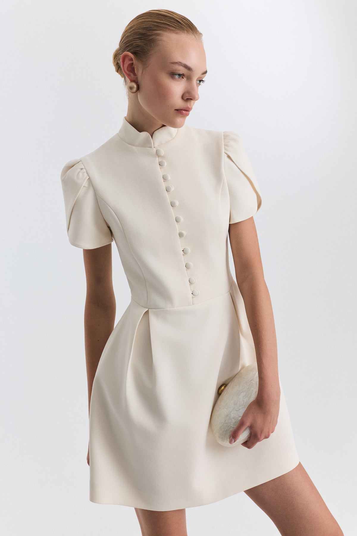 Pleated-Sleeve Mini Dress