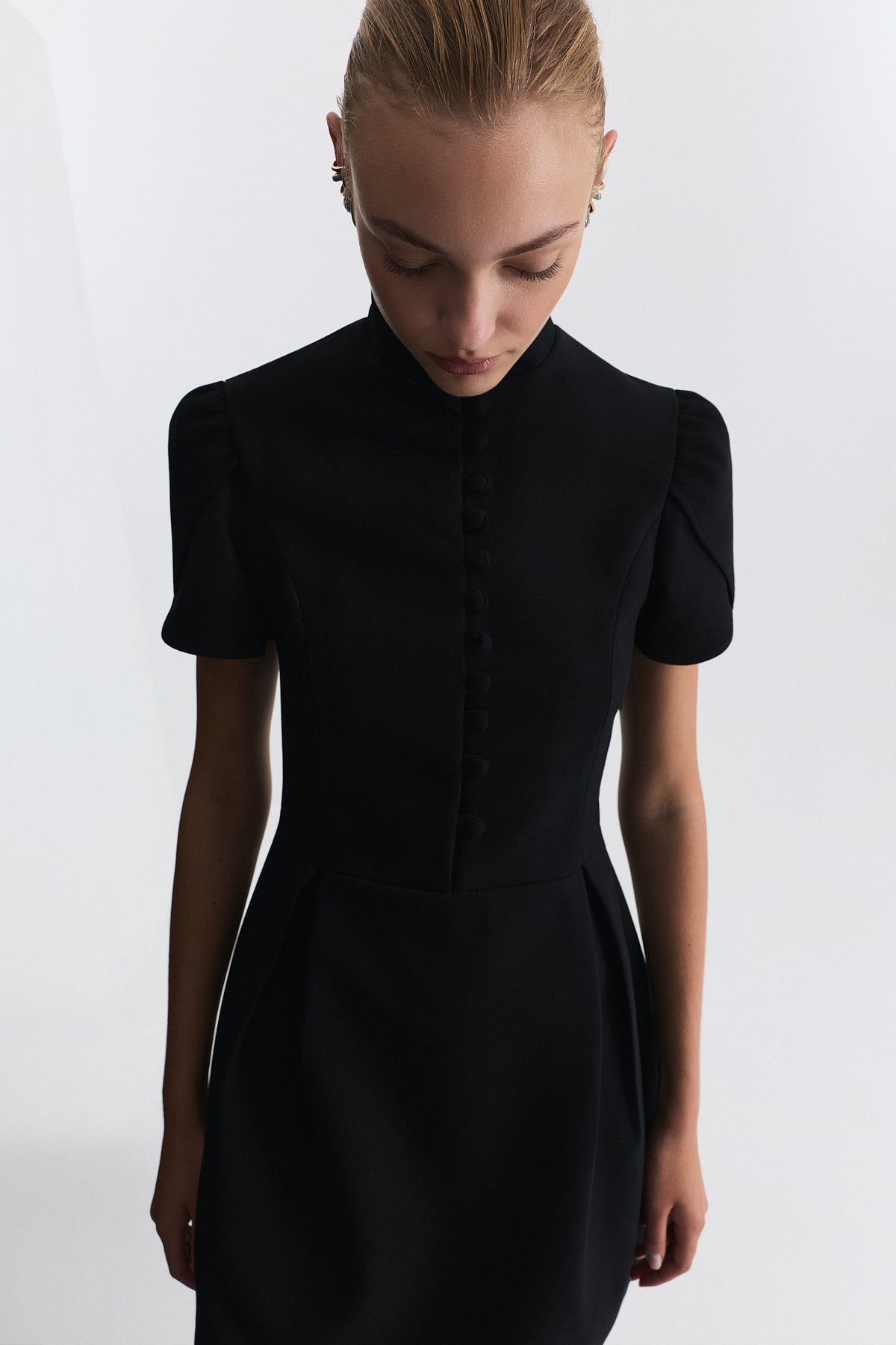 Pleated-Sleeve Mini Dress
