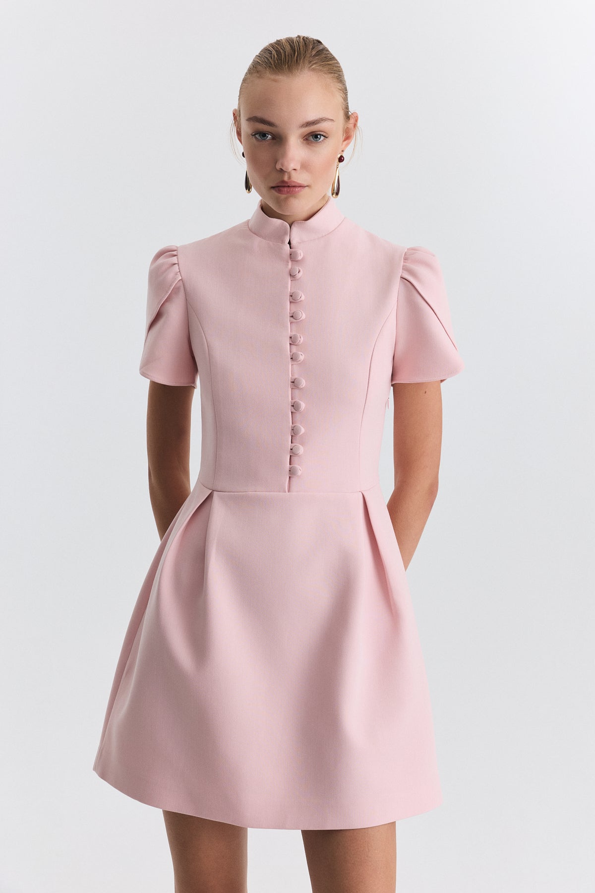 Pleated-Sleeve Mini Dress
