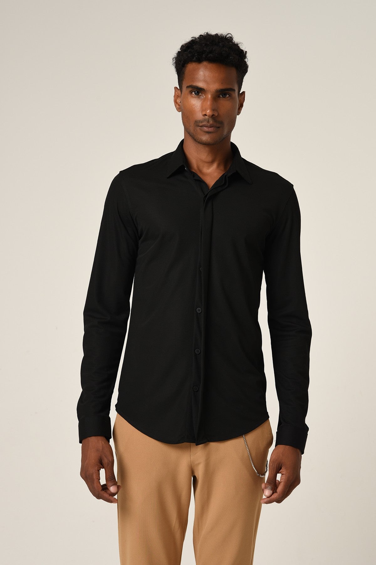 Antioch Men's Long-Sleeve Slim-Fit Knit Shirt with Hidden Buttons