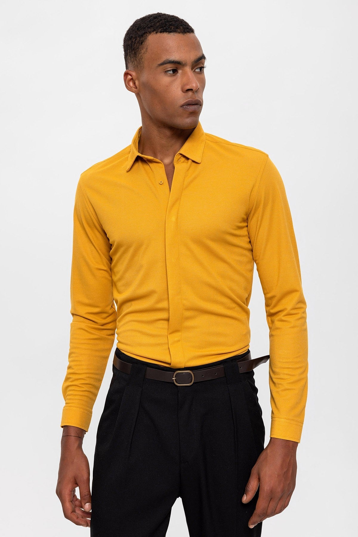 Antioch Men's Long-Sleeve Slim-Fit Knit Shirt with Hidden Buttons