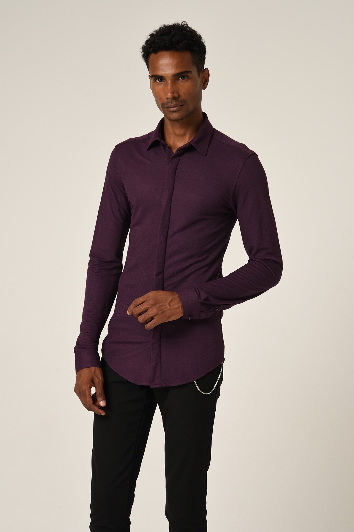Antioch Men's Long-Sleeve Slim-Fit Knit Shirt with Hidden Buttons