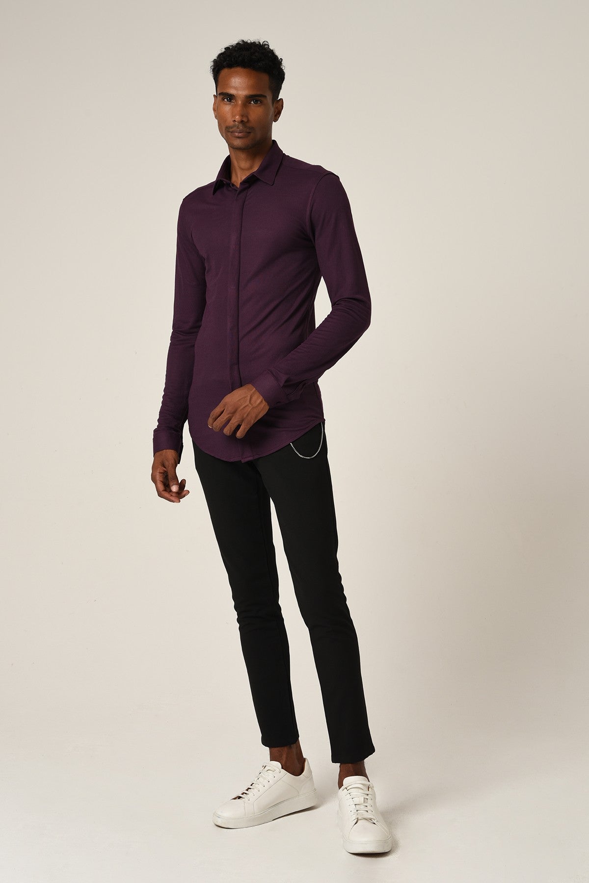 Antioch Men's Long-Sleeve Slim-Fit Knit Shirt with Hidden Buttons