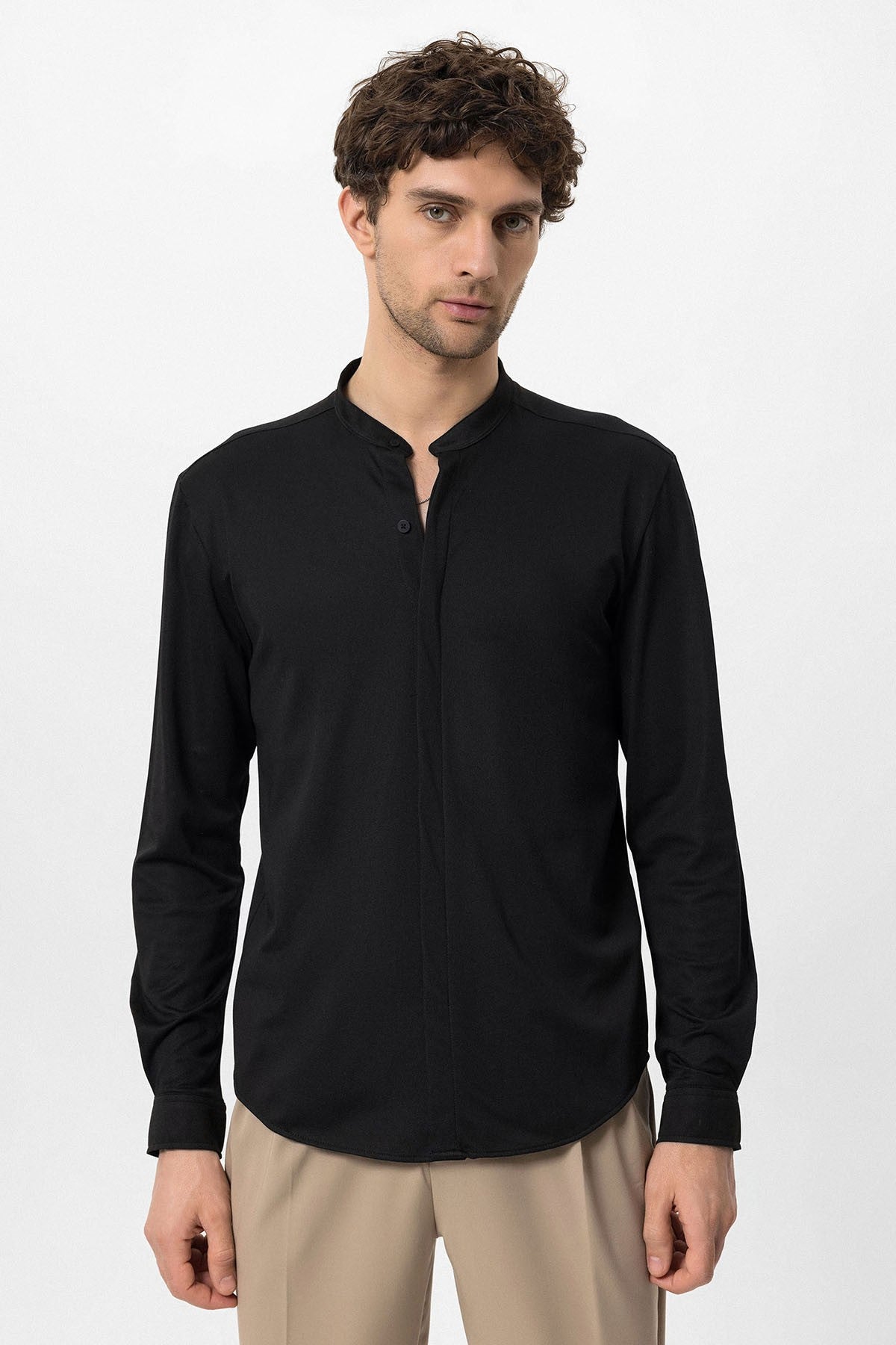 Antioch Men's Judge-Collar Hidden-Button Long-Sleeve Slim-Fit Shirt