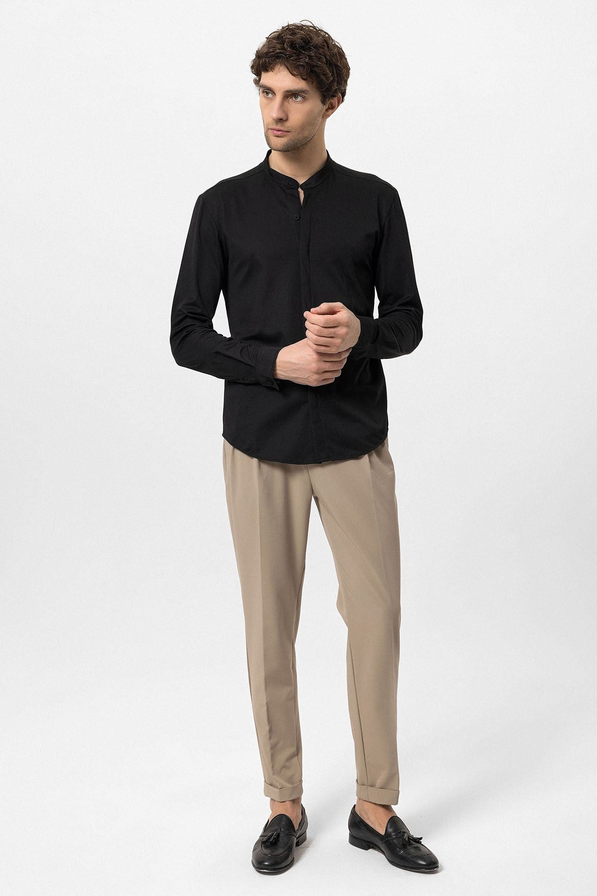 Antioch Men's Judge-Collar Hidden-Button Long-Sleeve Slim-Fit Shirt