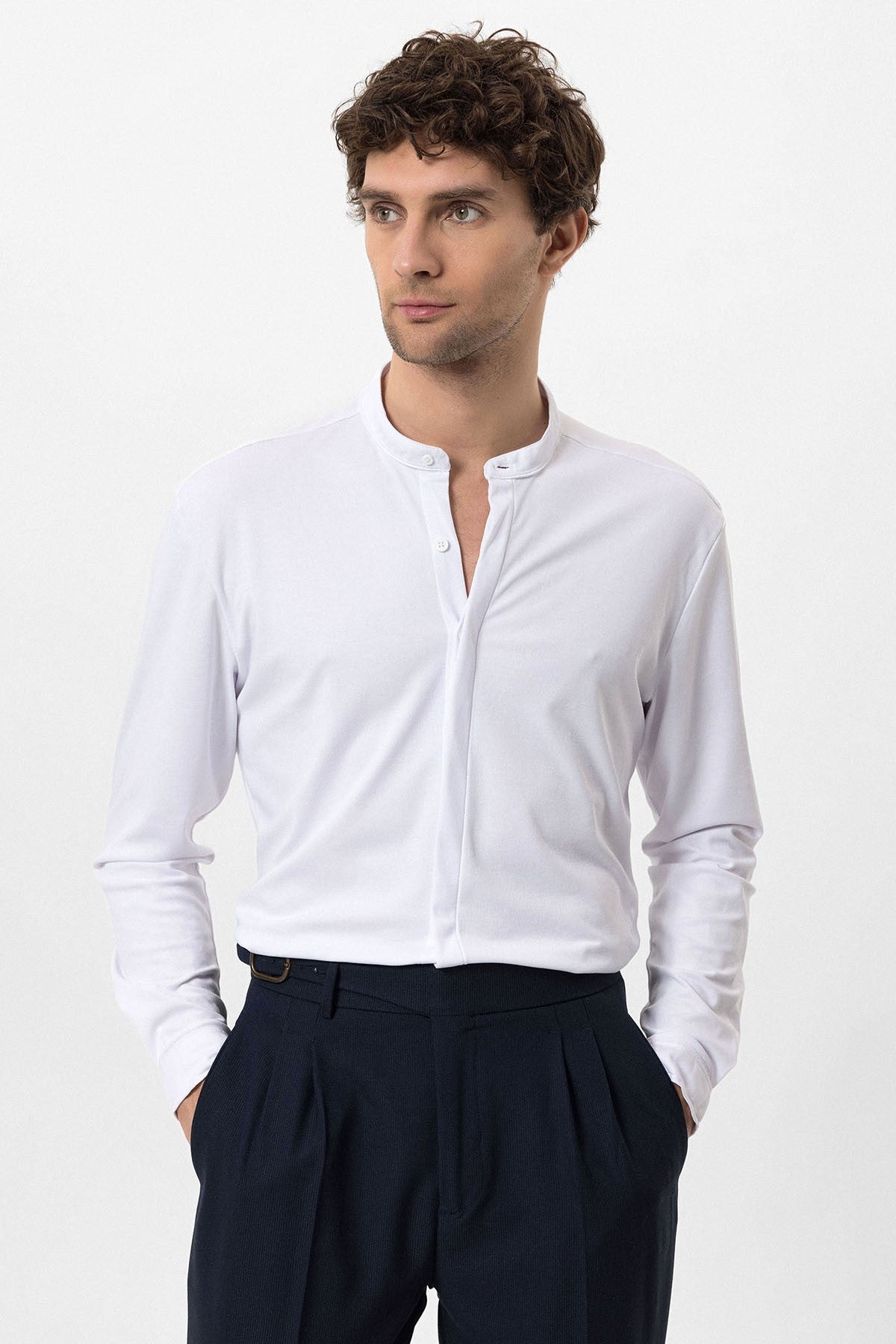 Antioch Men's Judge-Collar Hidden-Button Long-Sleeve Slim-Fit Shirt
