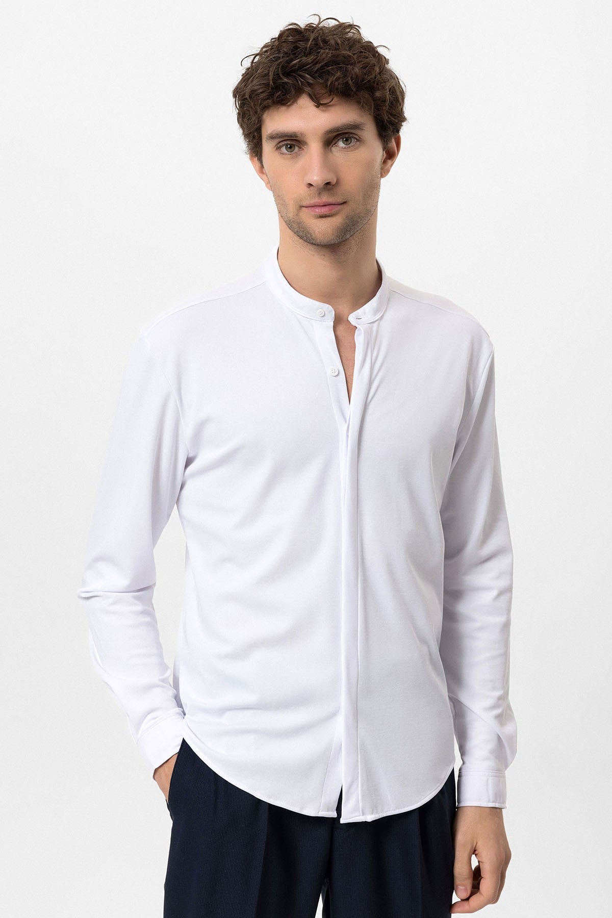 Antioch Men's Judge-Collar Hidden-Button Long-Sleeve Slim-Fit Shirt