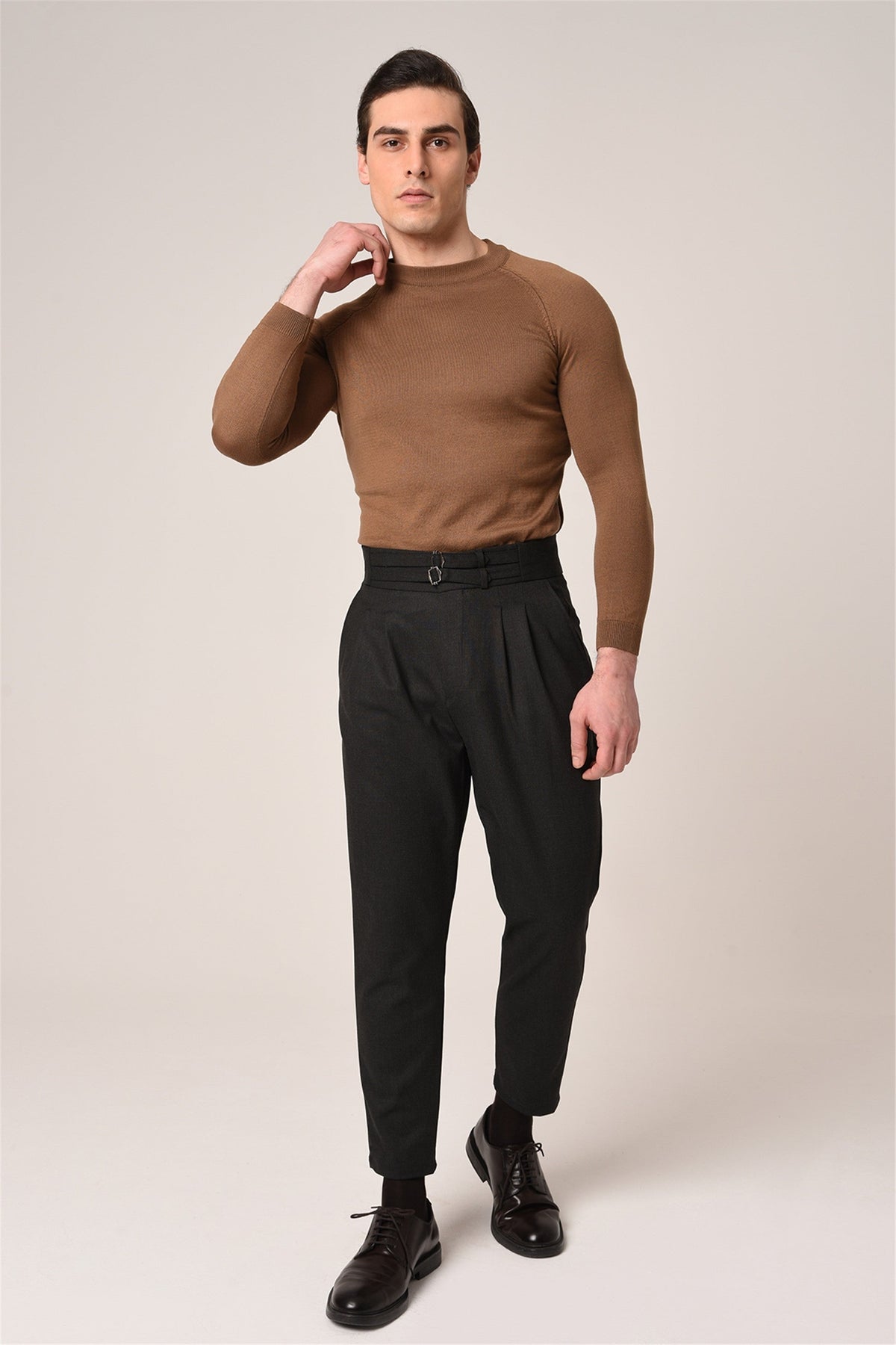 Antioch High-Waisted Belted Pleated Fabric Pants