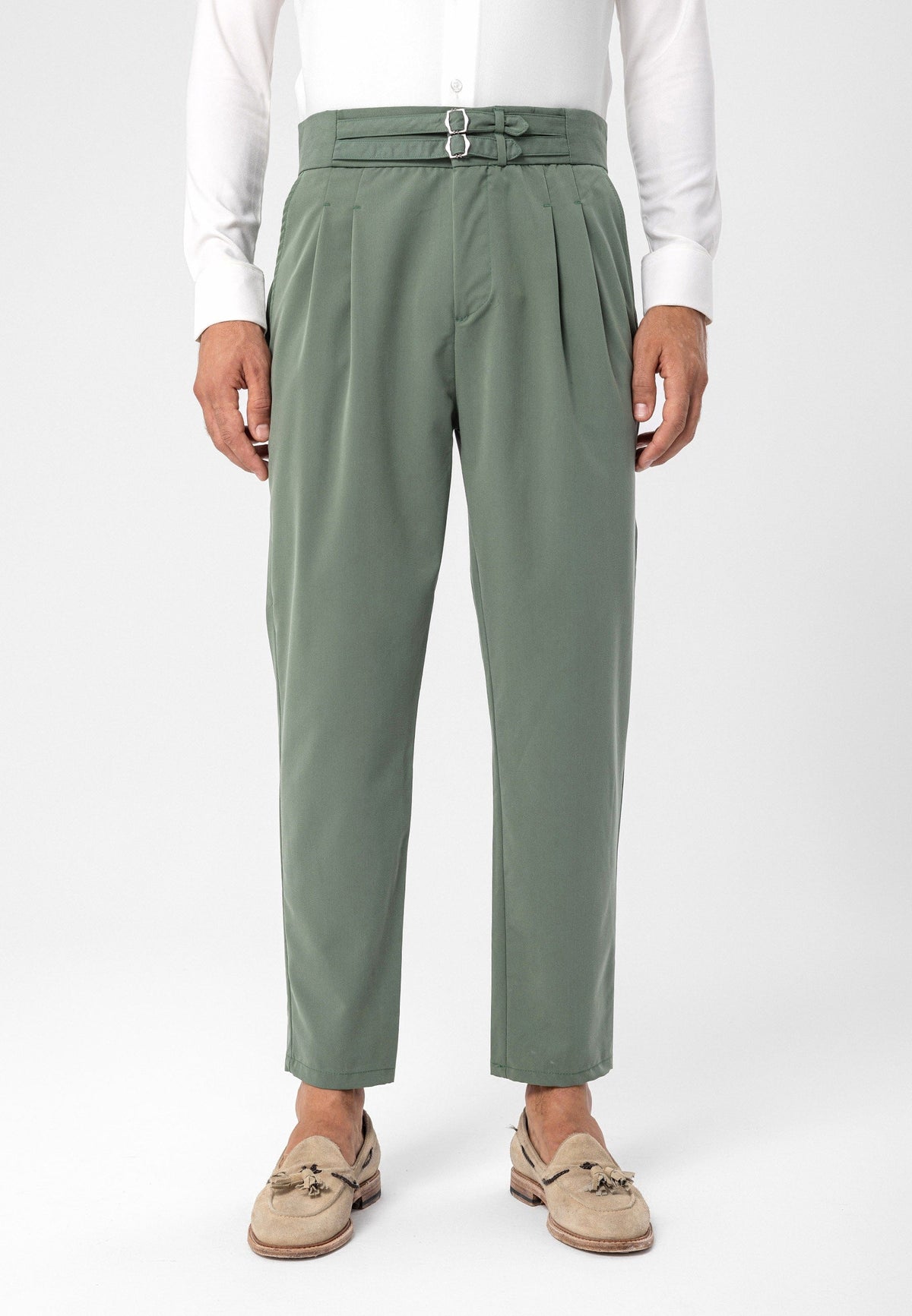 Antioch High-Waisted Belted Pleated Fabric Pants