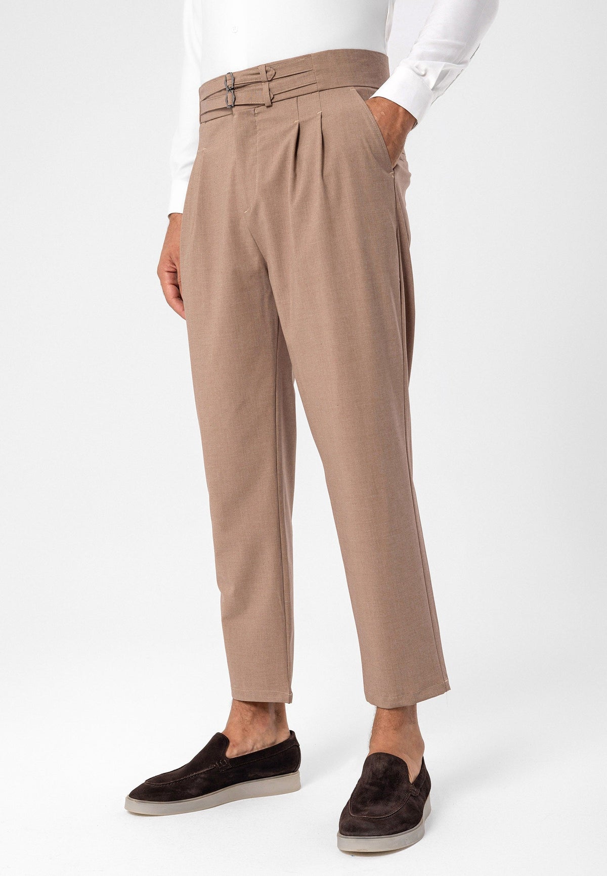 Antioch High-Waisted Belted Pleated Fabric Pants
