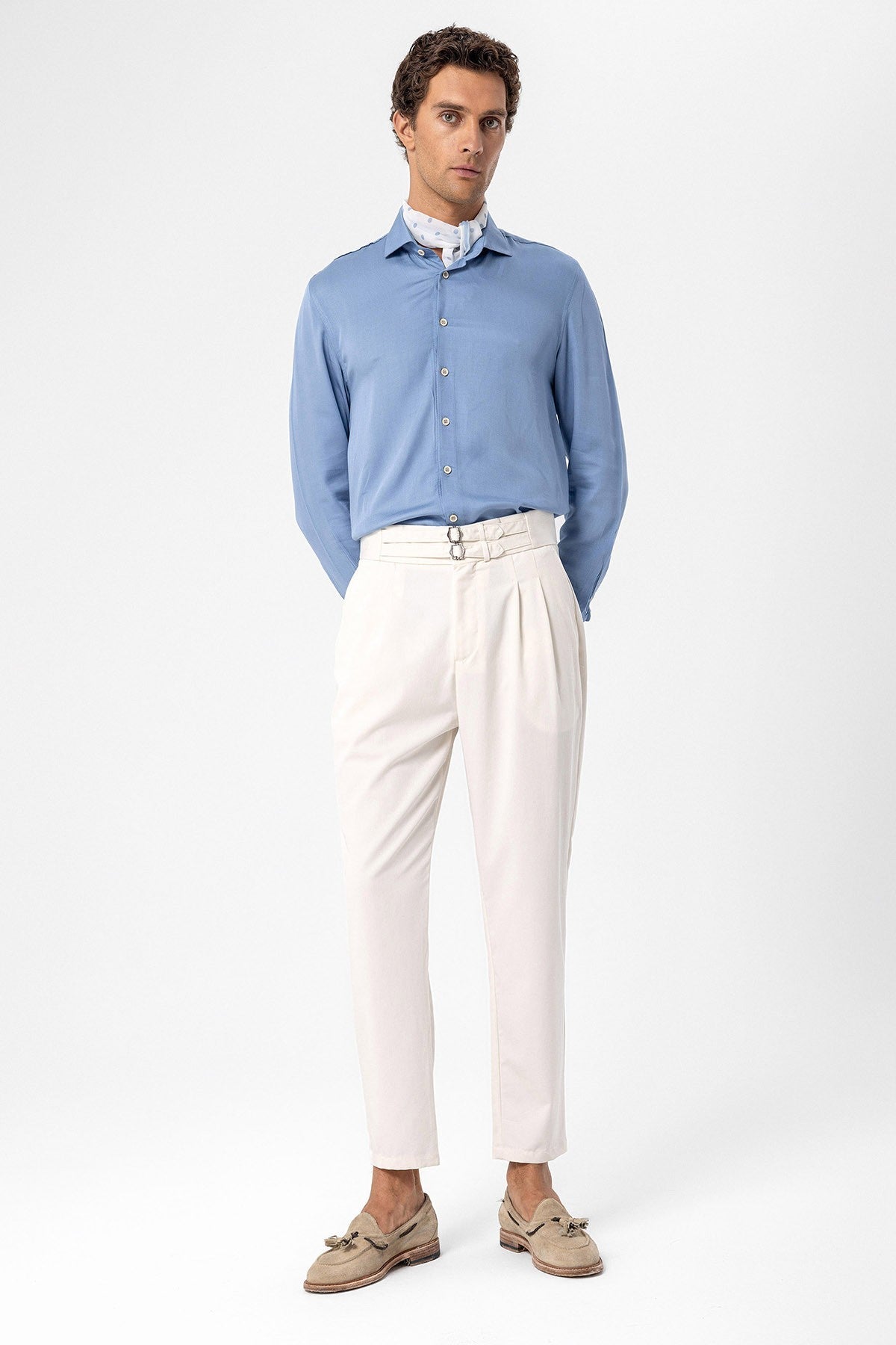 Antioch High-Waisted Belted Pleated Fabric Pants