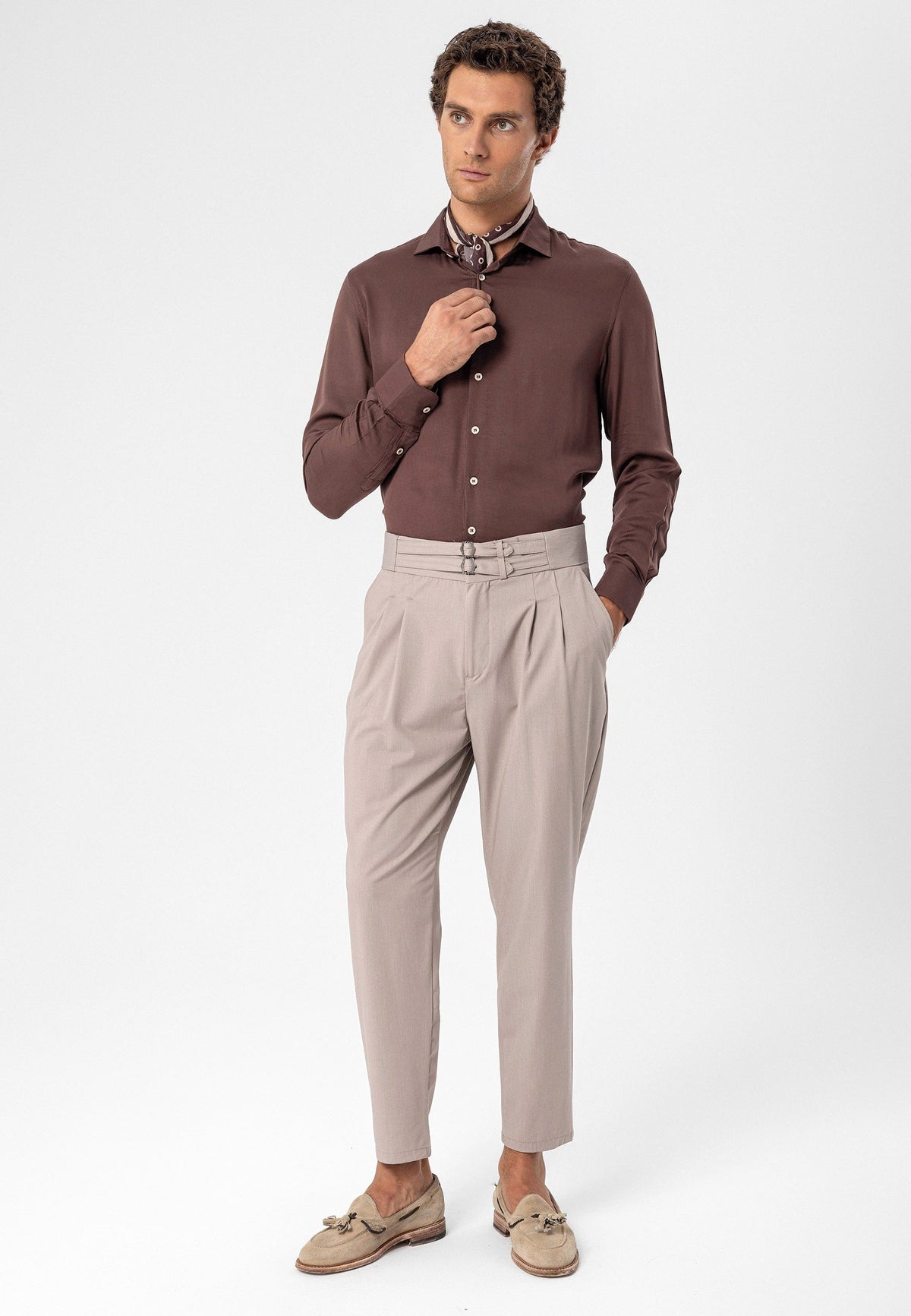 Antioch High-Waisted Belted Pleated Fabric Pants