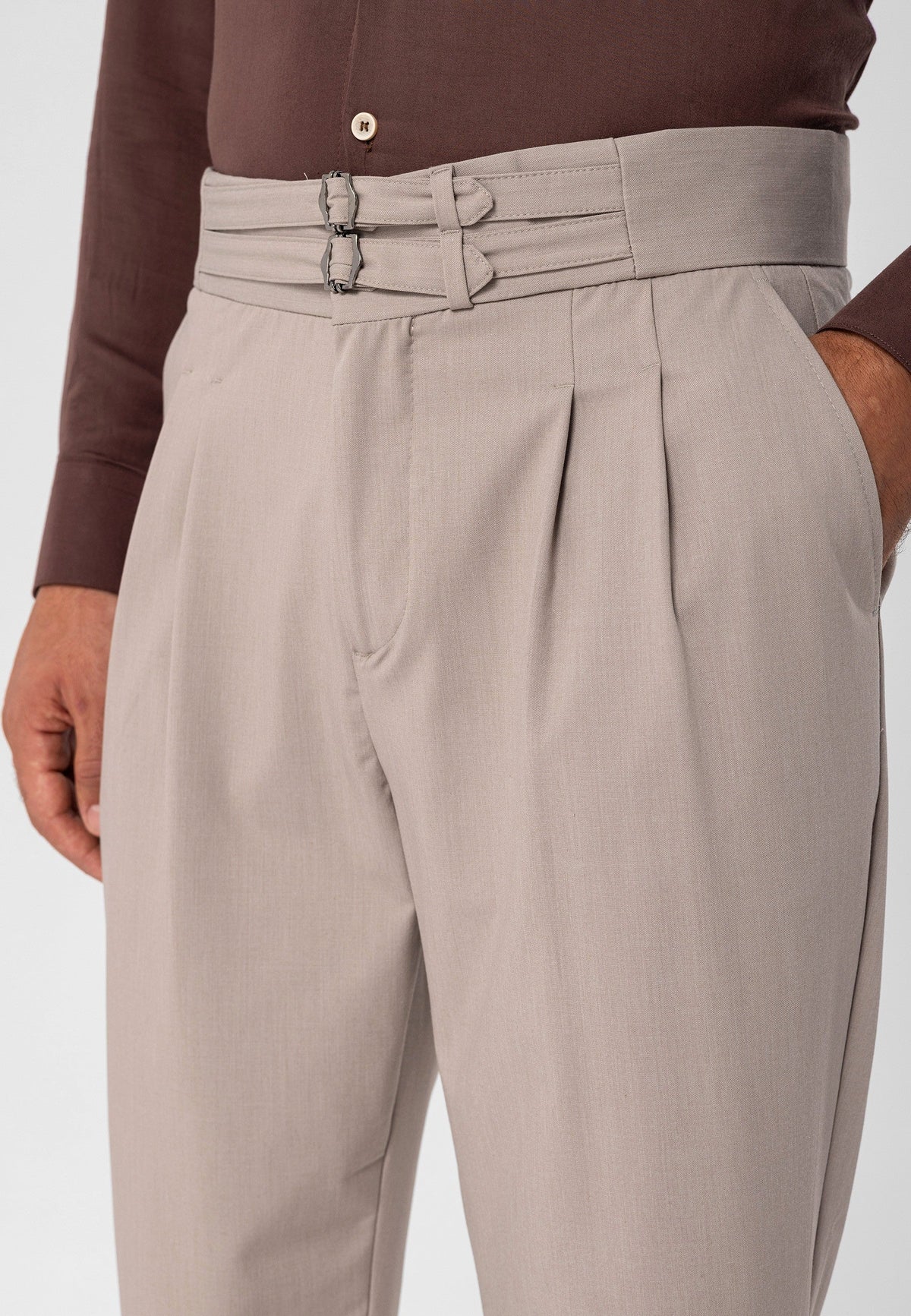 Antioch High-Waisted Belted Pleated Fabric Pants