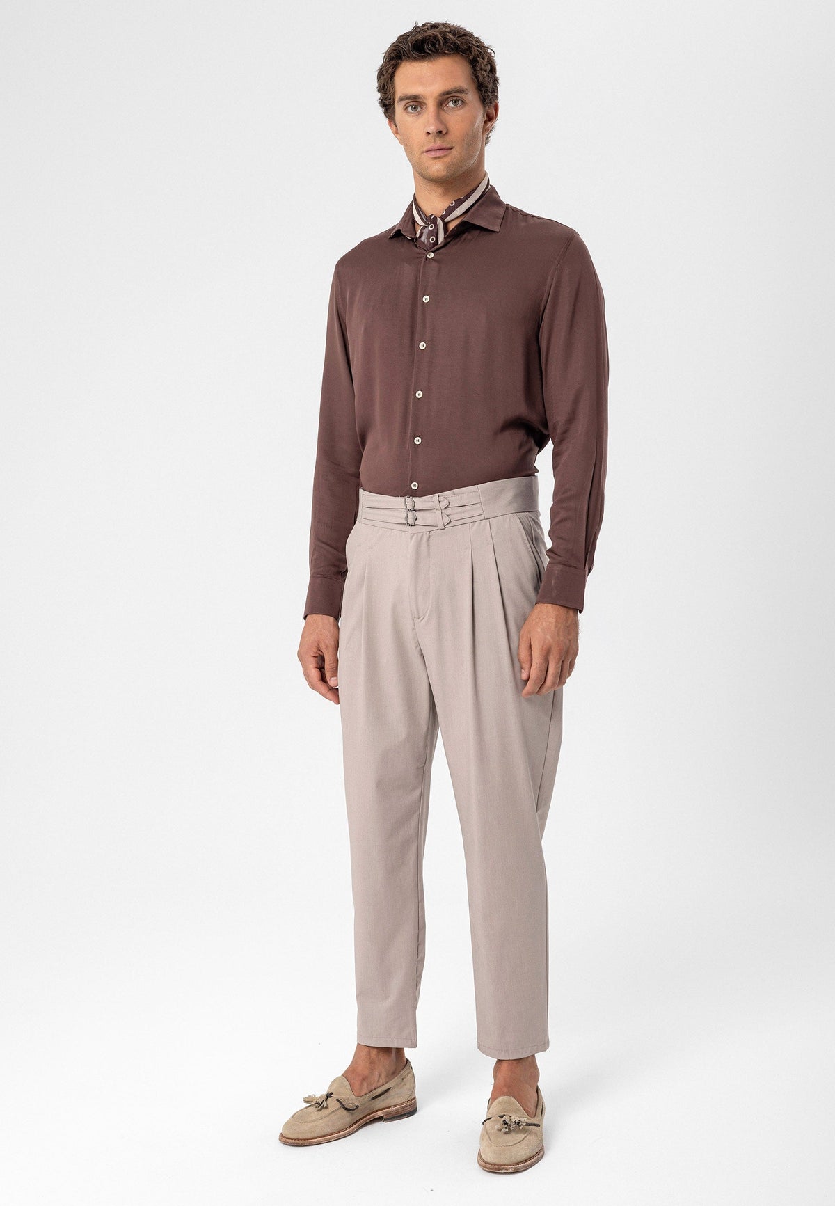 Antioch High-Waisted Belted Pleated Fabric Pants