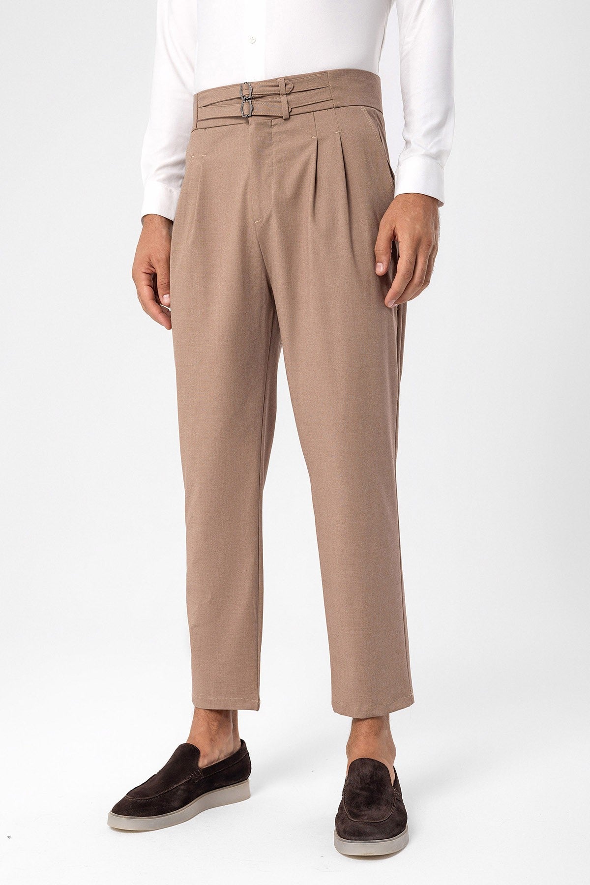 Antioch High-Waisted Belted Pleated Fabric Pants