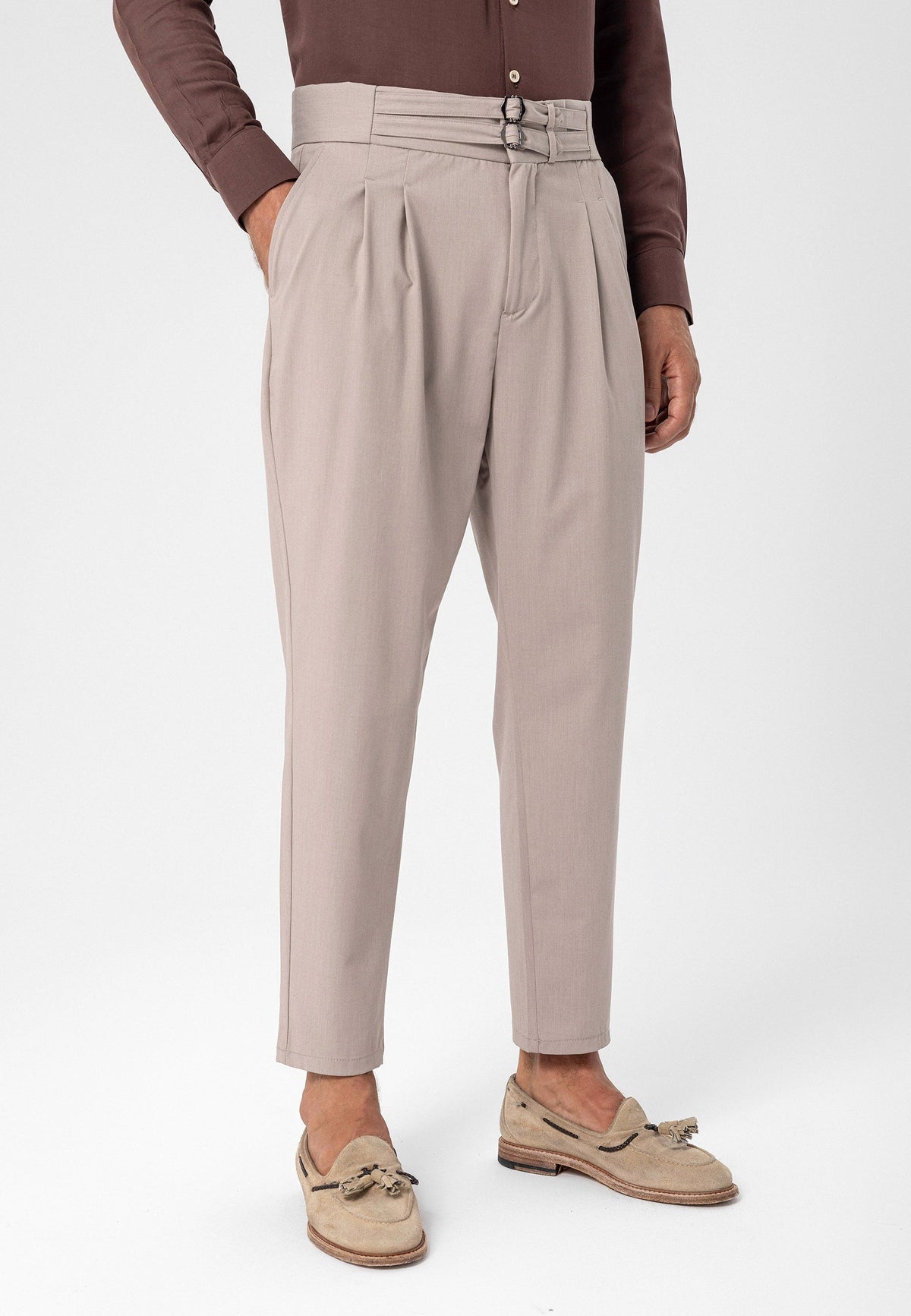 Antioch High-Waisted Belted Pleated Fabric Pants