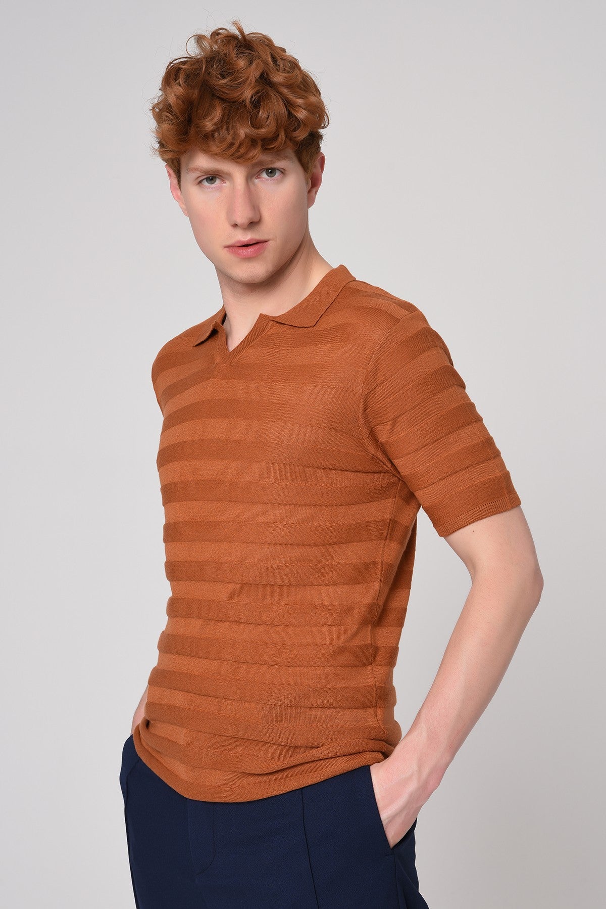Striped Polo-Neck Patterned Knit T-Shirt