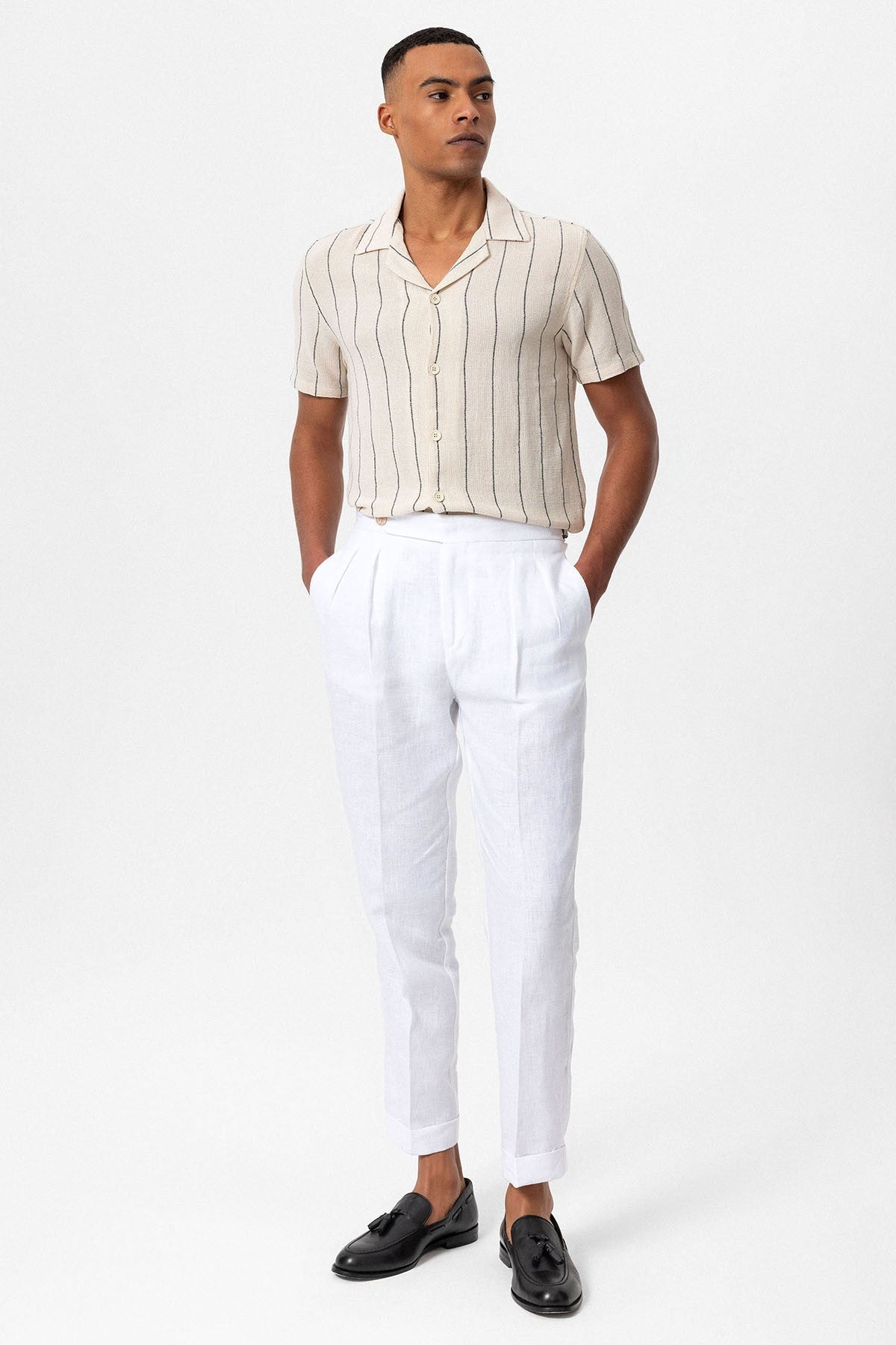 Antioch Striped Apache-Collar Short-Sleeve Linen Shirt