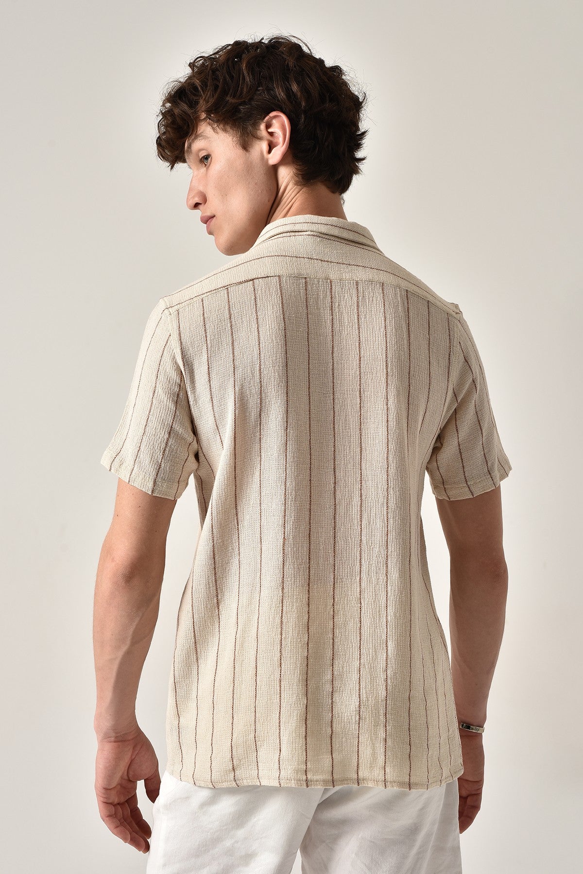 Antioch Striped Apache-Collar Short-Sleeve Linen Shirt