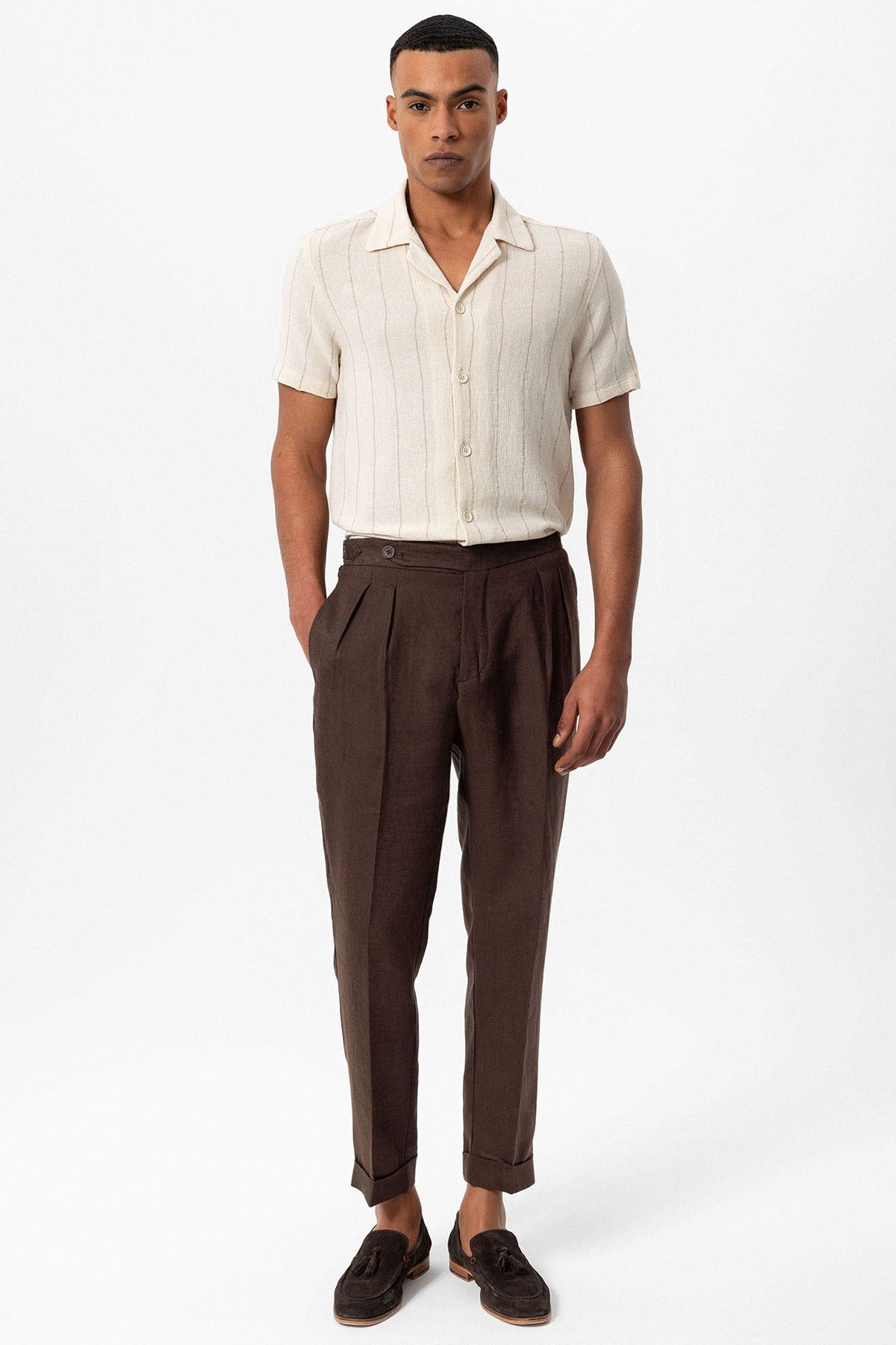 Antioch Striped Apache-Collar Short-Sleeve Linen Shirt