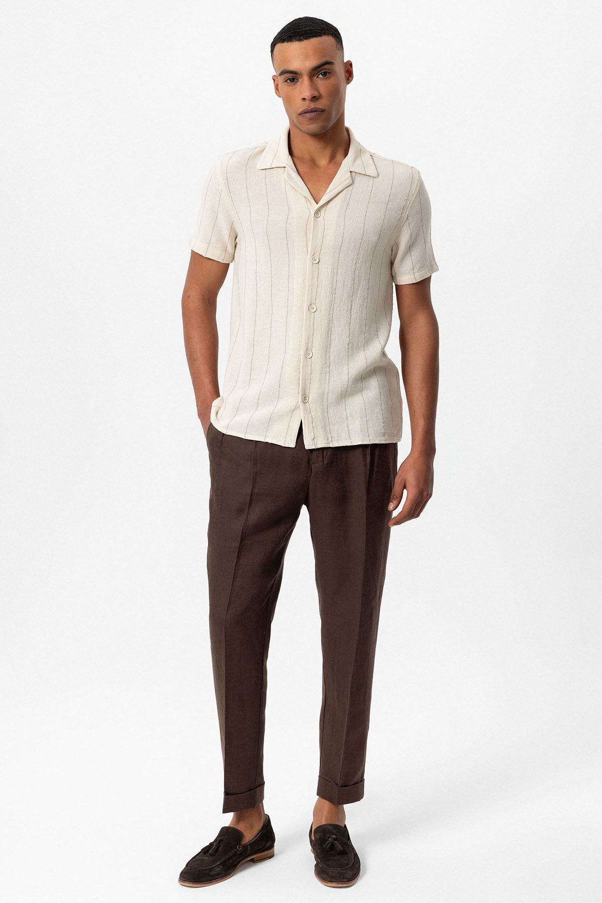 Antioch Striped Apache-Collar Short-Sleeve Linen Shirt