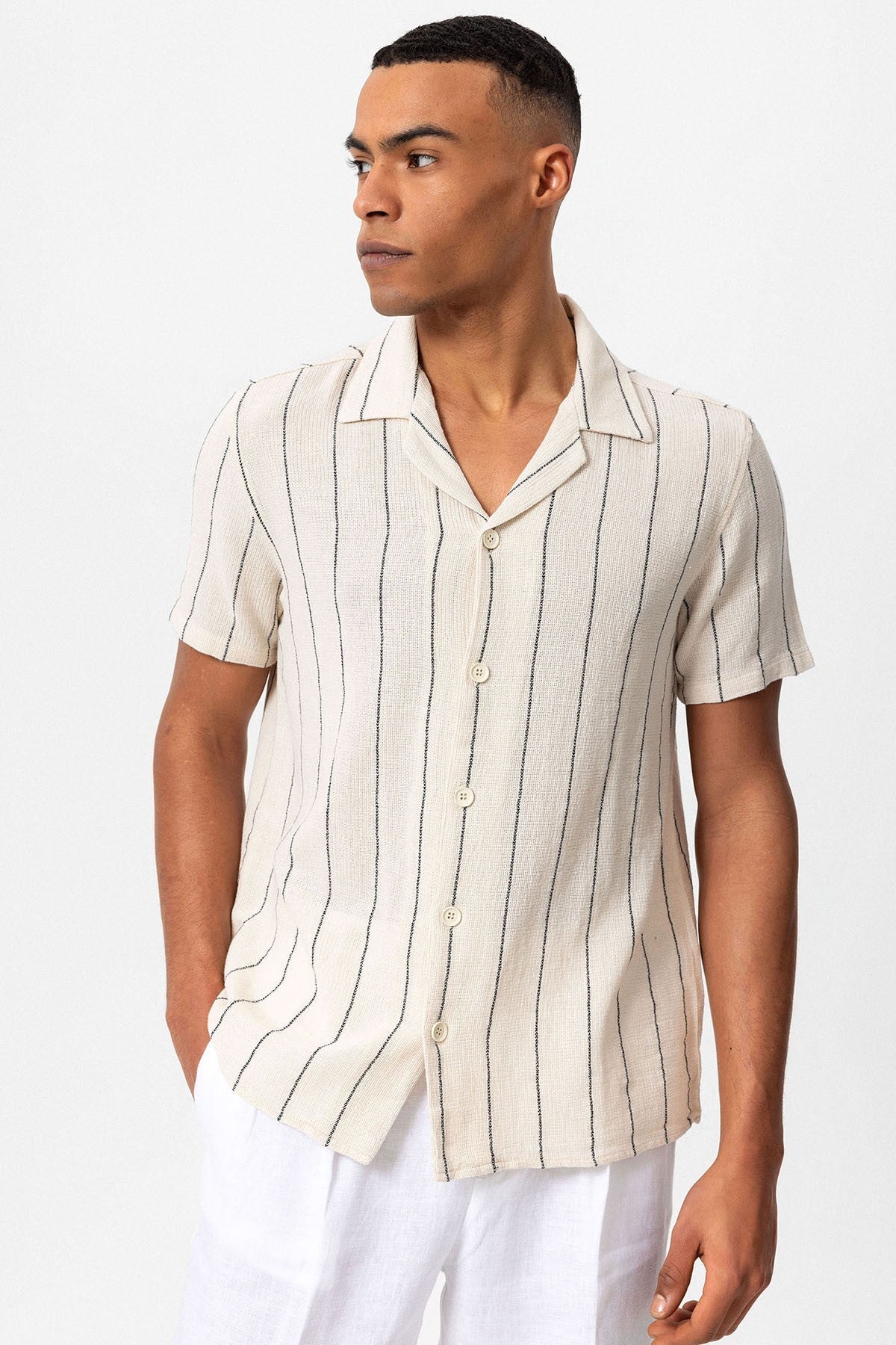 Antioch Striped Apache-Collar Short-Sleeve Linen Shirt