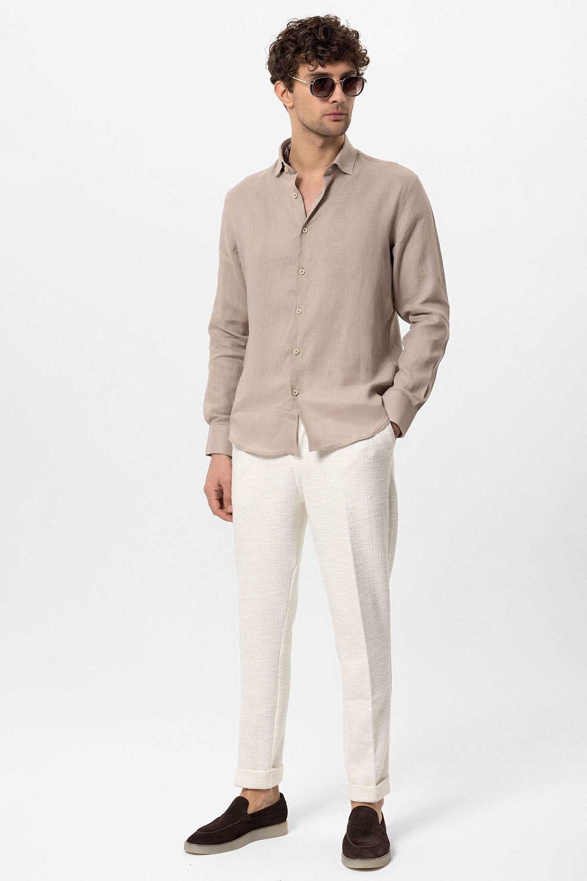 Men's 100% Linen Shirt with an Antioch Collar and Button Detail