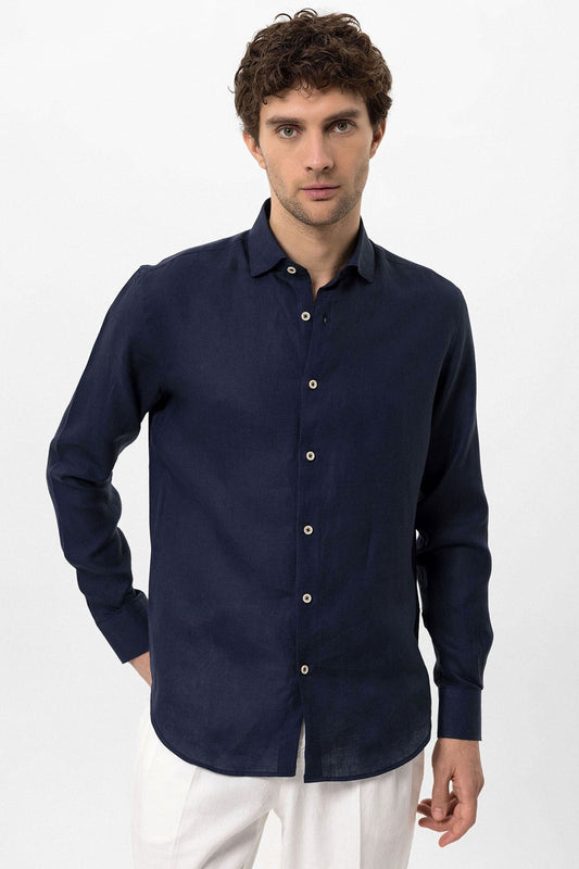Men's 100% Linen Shirt with an Antioch Collar and Button Detail