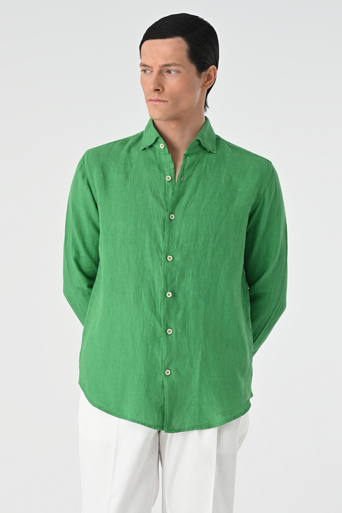 Men's 100% Linen Shirt with an Antioch Collar and Button Detail