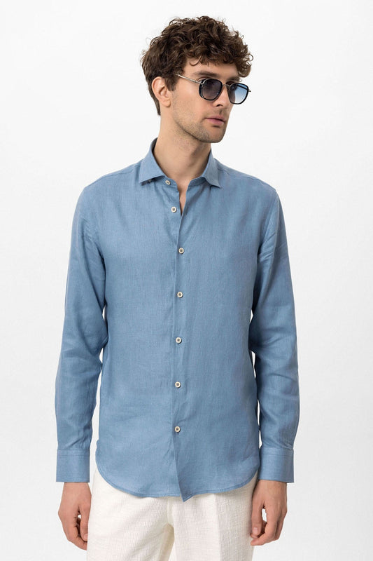 Men's 100% Linen Shirt with an Antioch Collar and Button Detail
