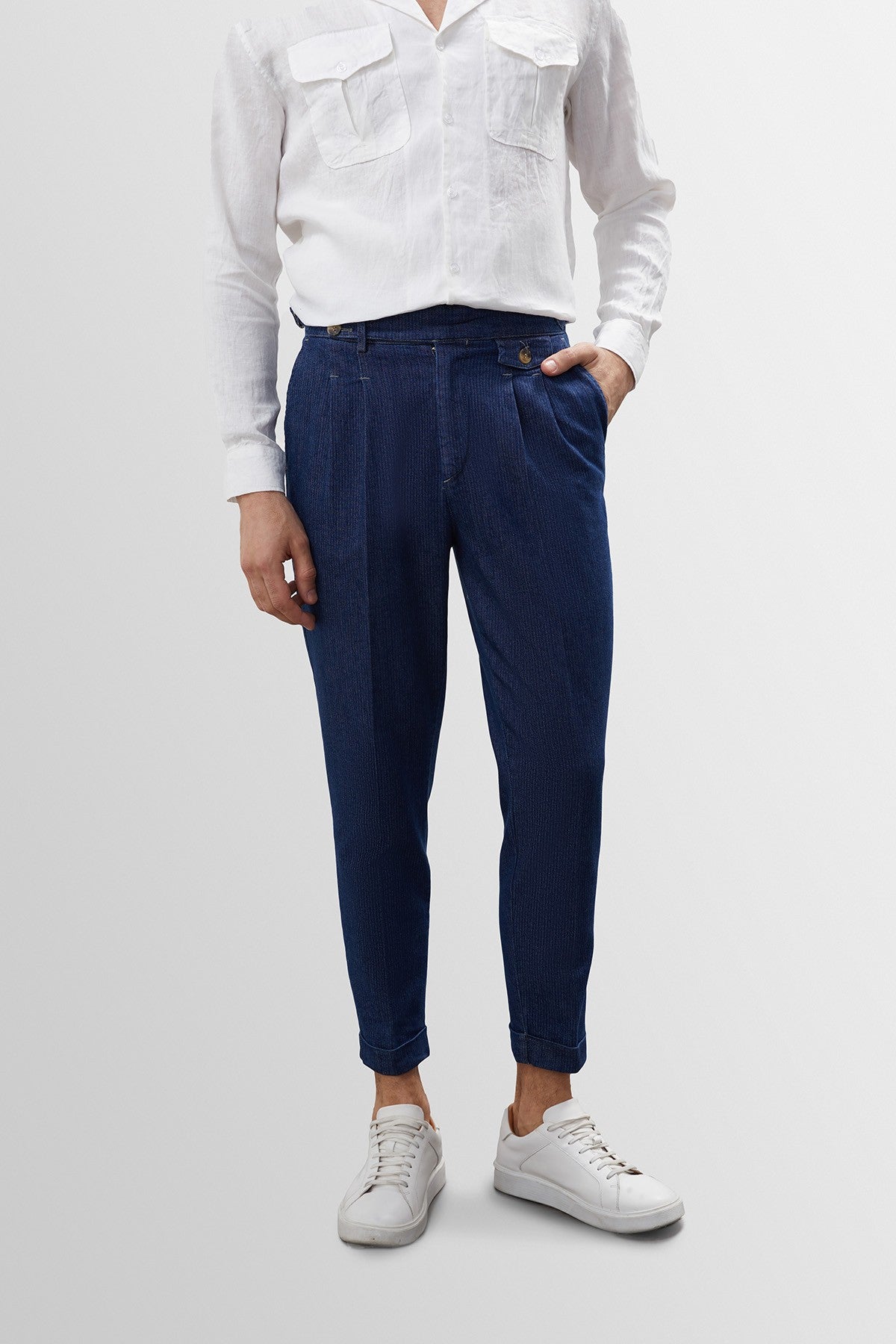 Antioch High-Waisted (Boyfriend) Jeans with Side-Buckle Belt and Pleated Details