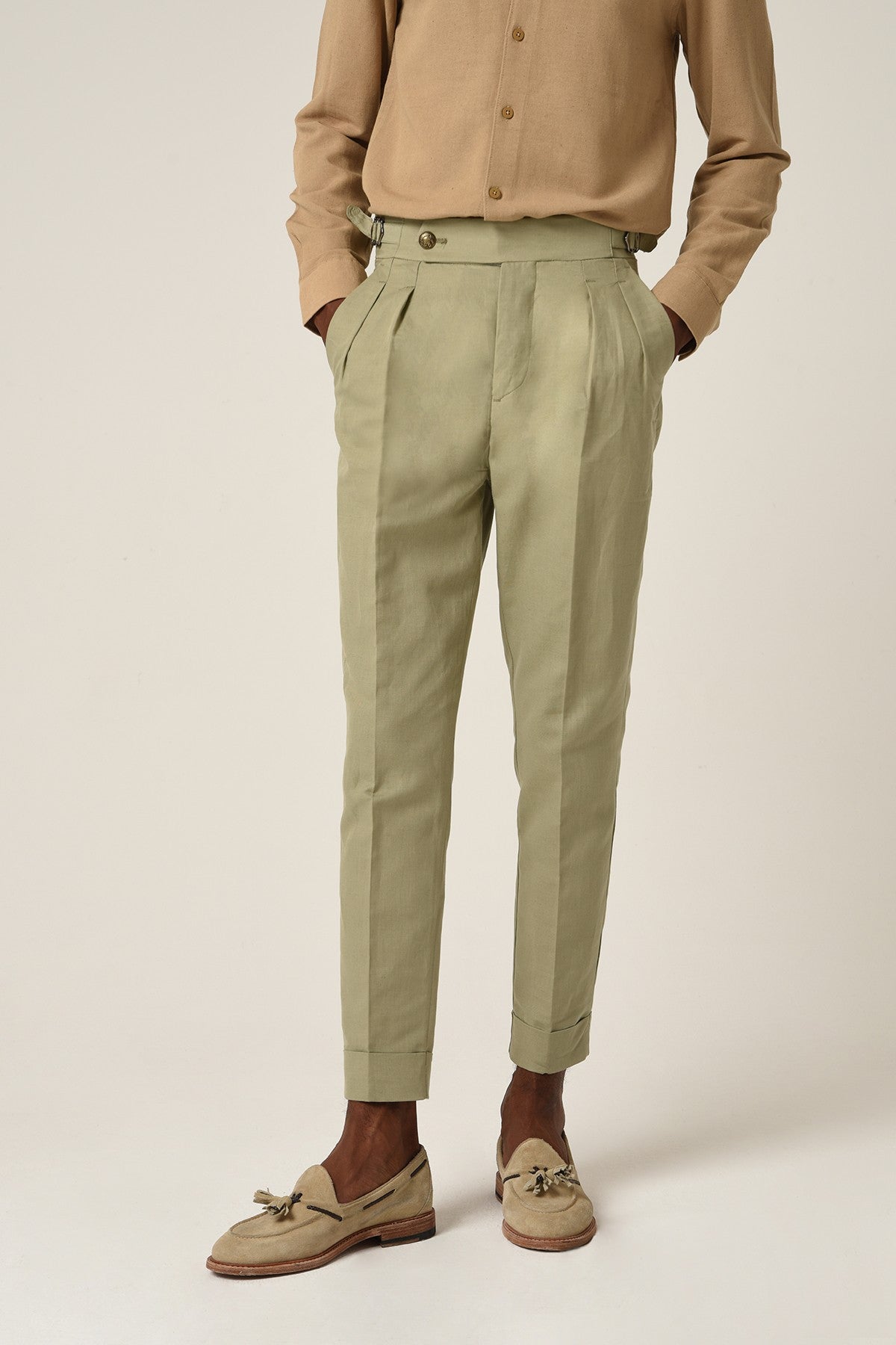Antioch High-Waisted Belted Pleated Linen Pants