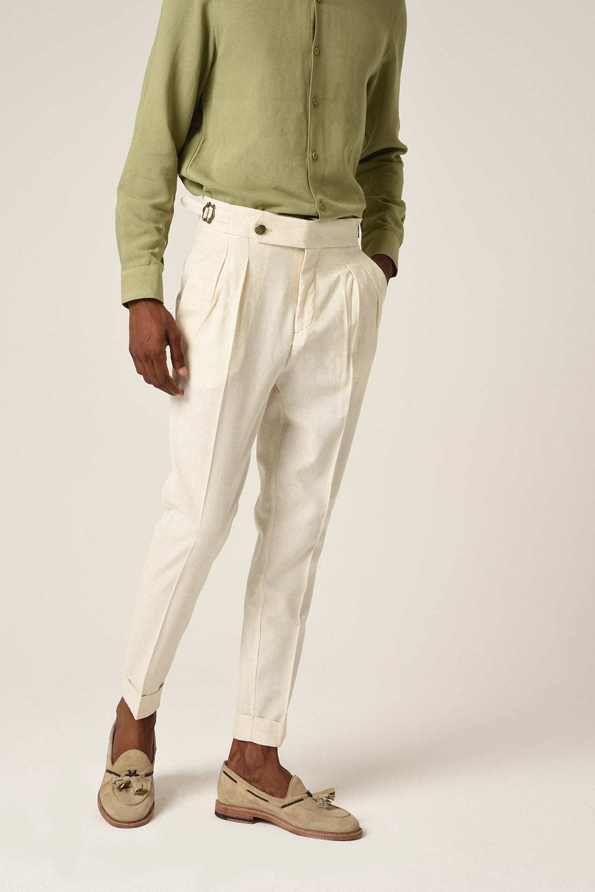 Antioch High-Waisted Belted Pleated Linen Pants