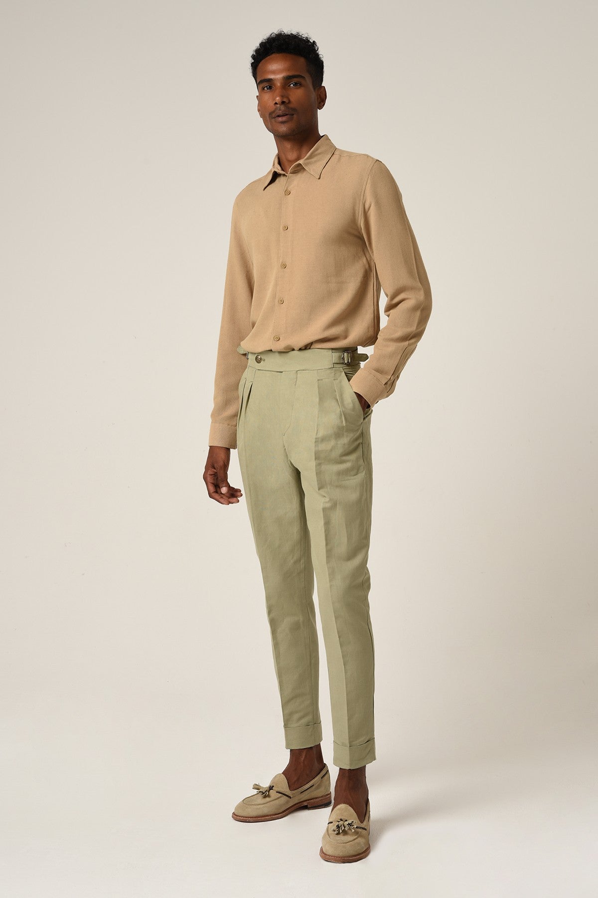 Antioch High-Waisted Belted Pleated Linen Pants
