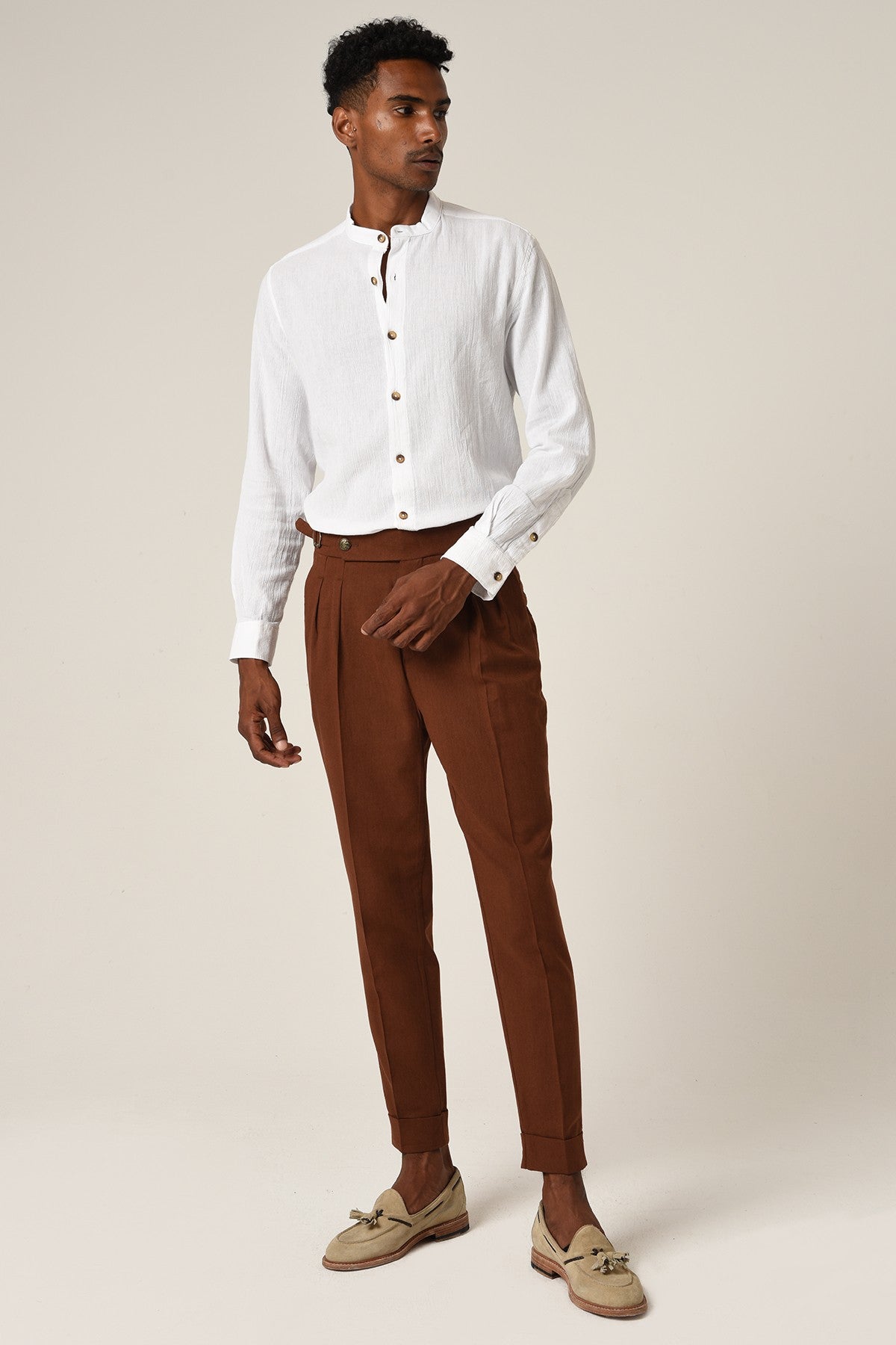 Antioch High-Waisted Belted Pleated Linen Pants